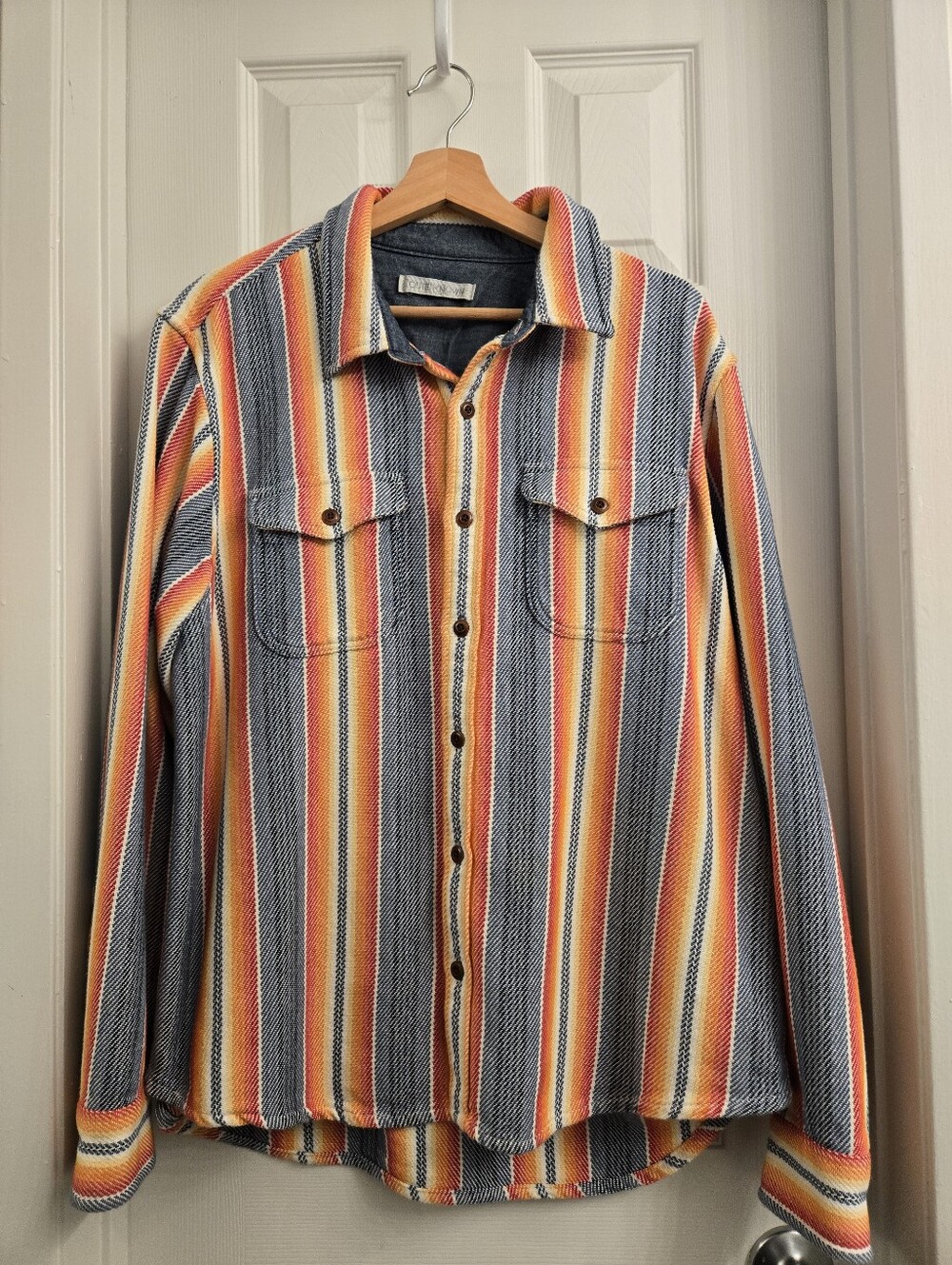 Outerknown Navy, Orange & Yellow Striped Button-Down Shirt